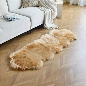 Beige Faux Sheepskin Runner Rug 2x6 ft, Fluffy Fur Table Dresser Runner Covers